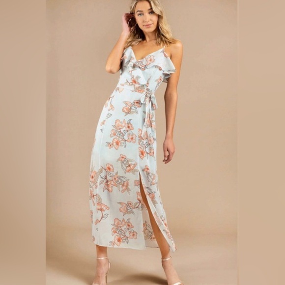 J.O.A. Dresses & Skirts - J.O.A. Floral Print Ruffle V Neck Midi/Maxi Dress, Blue Orange, NWOT, Size L